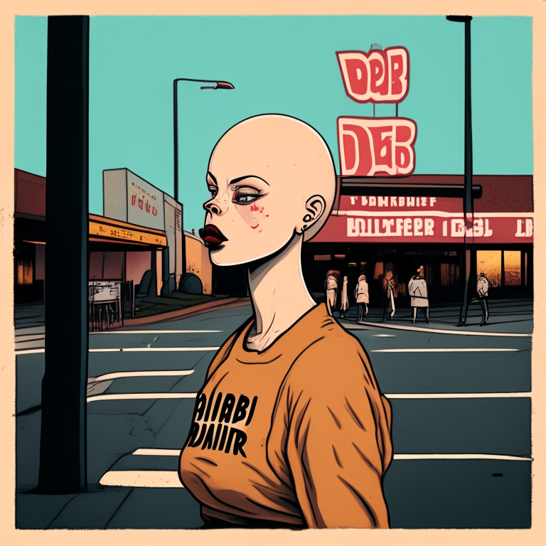 A bald girl with a face tattoo walking in a parking lot towards a restaurant labeled "D Burger”