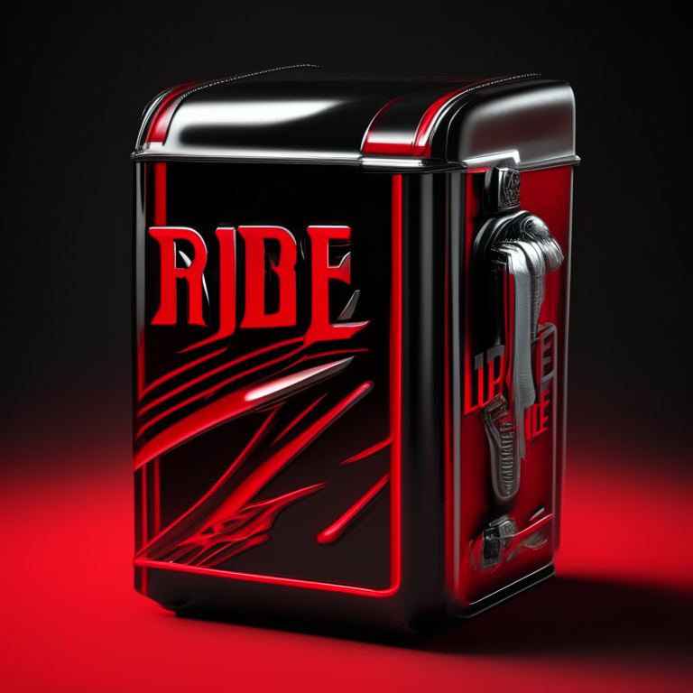 an energy drink box in metallic chrome color with the words 'Ride' in black and 'Out' in red
