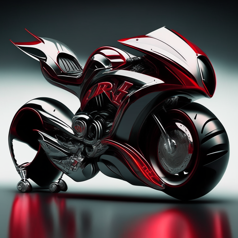 a futuristic ninja motorcycle in metallic chrome color with the words 'Ride' in black and 'Out' in red