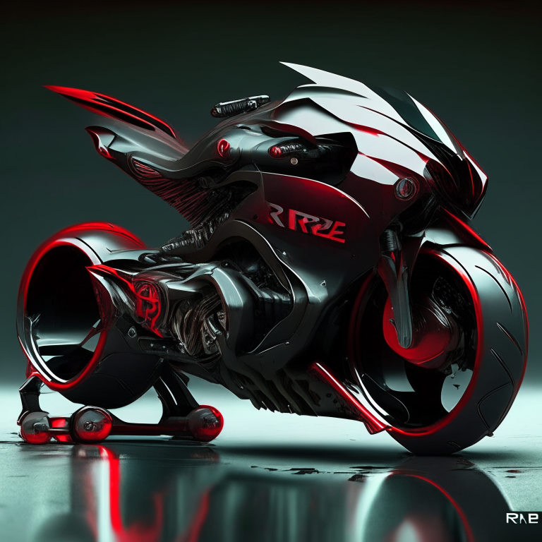 an aggressive futuristic ninja motorcycle in metallic chrome color with the words 'Ride' in black and 'Out' in red, masculine, sharp angles, powerful engine