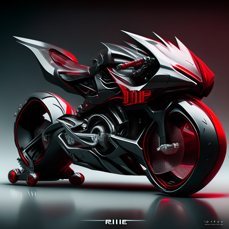 an aggressive futuristic ninja motorcycle in metallic chrome color with the words 'Ride' in black and 'Out' in red, masculine, sharp angles, powerful engine