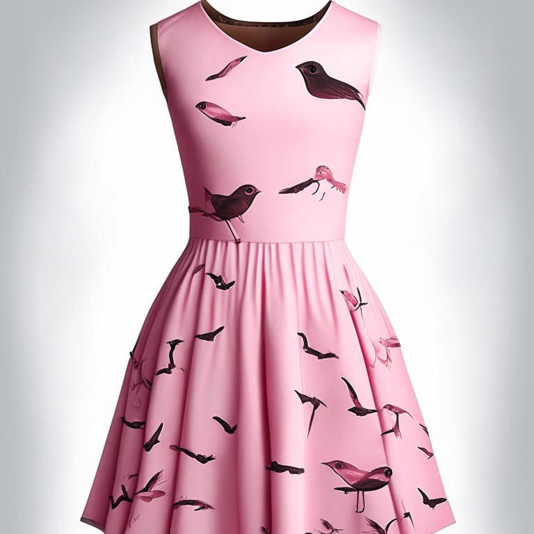 a pink short dress design with birds on it