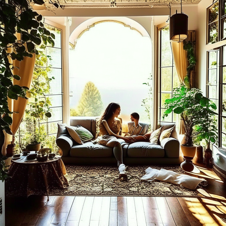 Un lujoso salón, donde Los rayos del sol atraviesan las cortinas, creando un ambiente cálido y romántico; se encuentran Juan esta de pie y Rocío sentada en un sillon, una pareja felizmente casada, disfrutando de su vida de opulencia y amor.