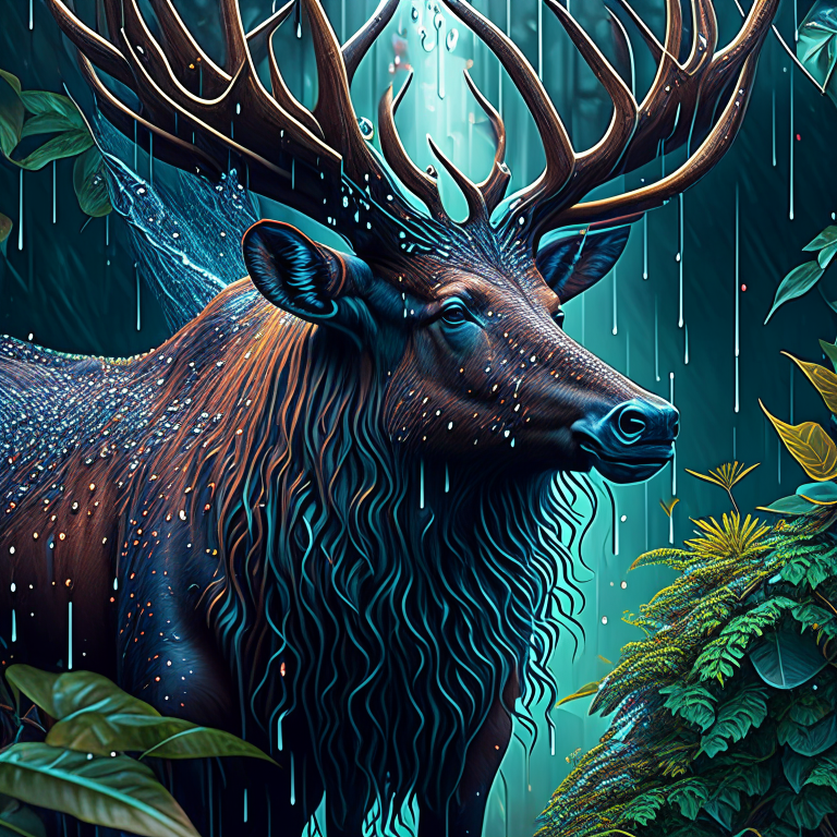 Close-up shot of a elk in the jungle, heavy rain, flash, water on the leaves, soaking wet elk fur, fast shutter, detailed eyes, intricate fur. illustration, Folk art