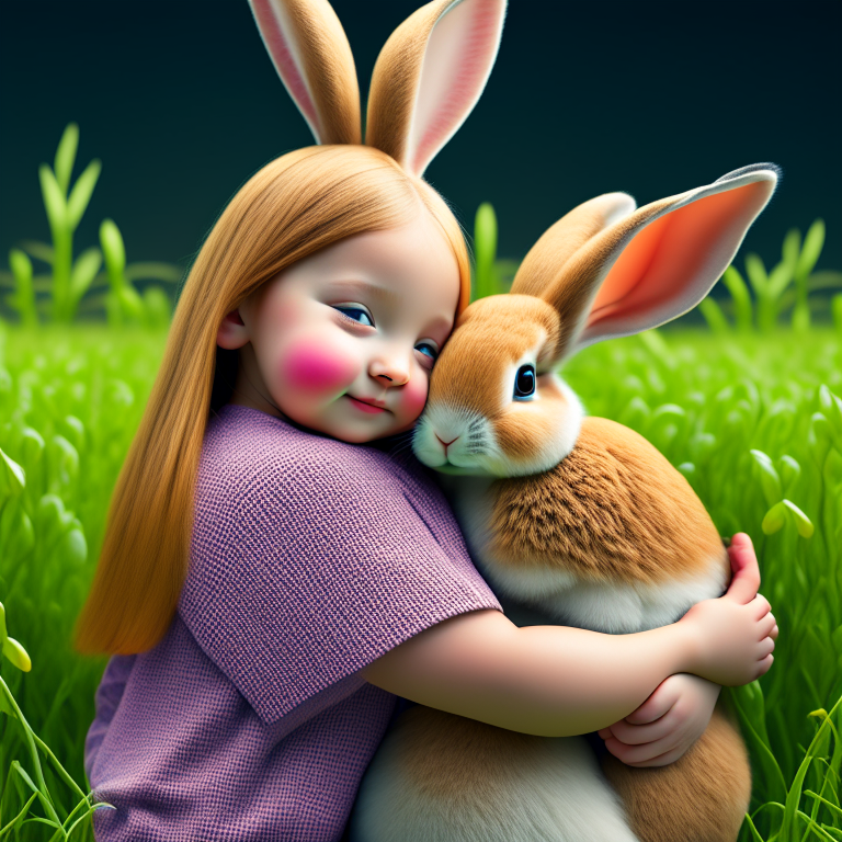 A REALISTIC  photo style of a young chick is hugged by a A REALISTIC rabbit, the chick needs the help of the rabbit who protects show their whole buddy , use a photo style. Color Field, stylized