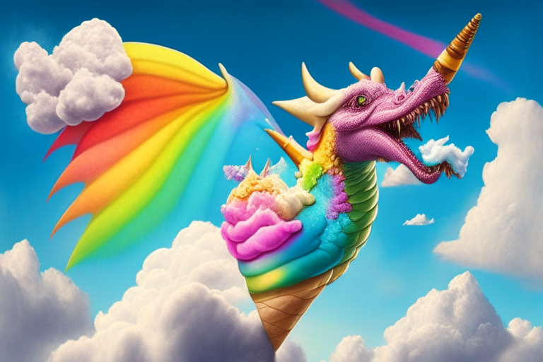 a dragon flying through rainbow clouds, holding an ice cream cone