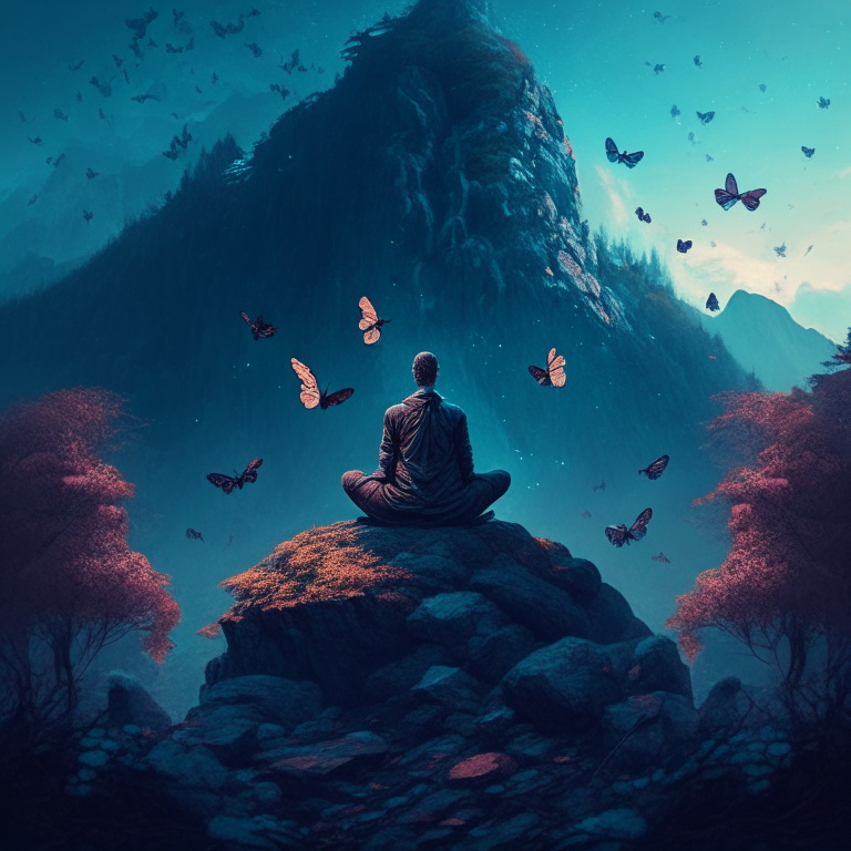 stoic philosopher meditating atop a mountain before an haunted mythical forest filled with evil butterflies