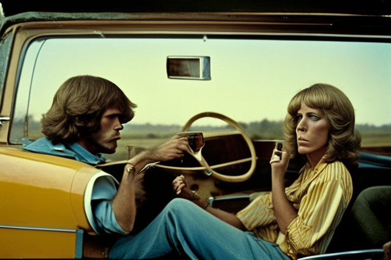 two people drinking beer in an old car, 1970s