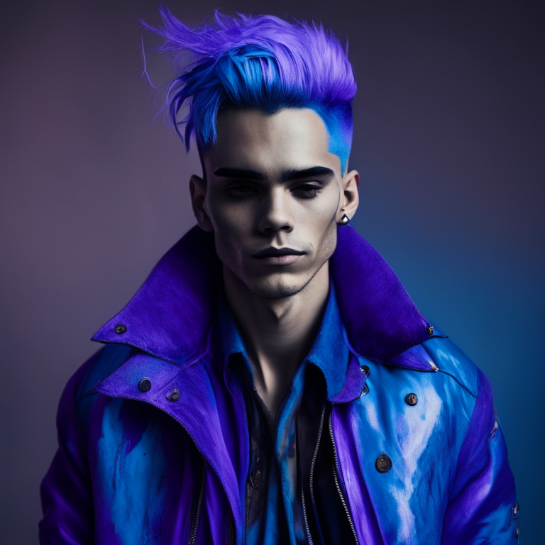 a man with blue dyed hair and a purple jacket