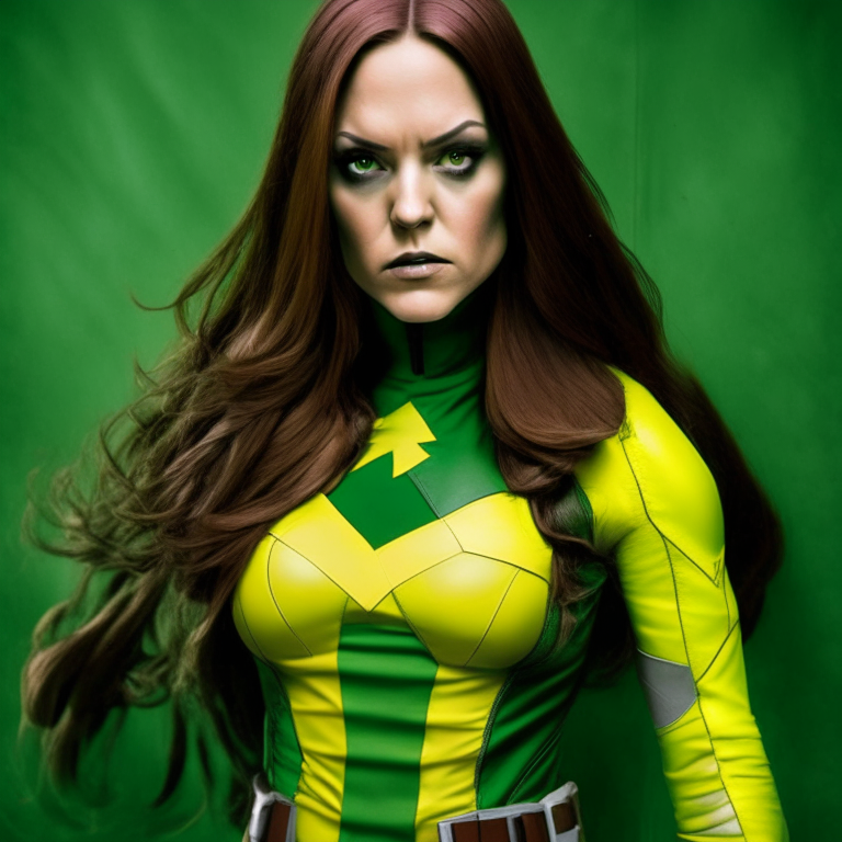 Katie Douglas as Rogue from X-Men. Long brown hair, green and yellow costume, yellow gloves, serious expression