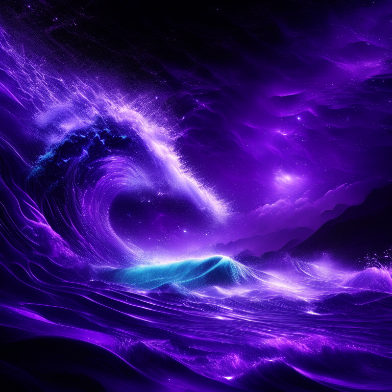 space purple waves with flashes of lights in ocean