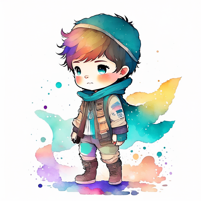 strybk, Chibi boy avatar, kids story book style, muted colors, watercolor style