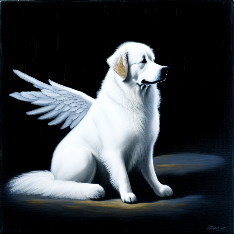 portrait of a white dog, he is sitting, behind his back two white wings of an angel, the dog is like an angel, around the glow, the background is black, rain, angel's wings behind his back. photographic, realistic 

 