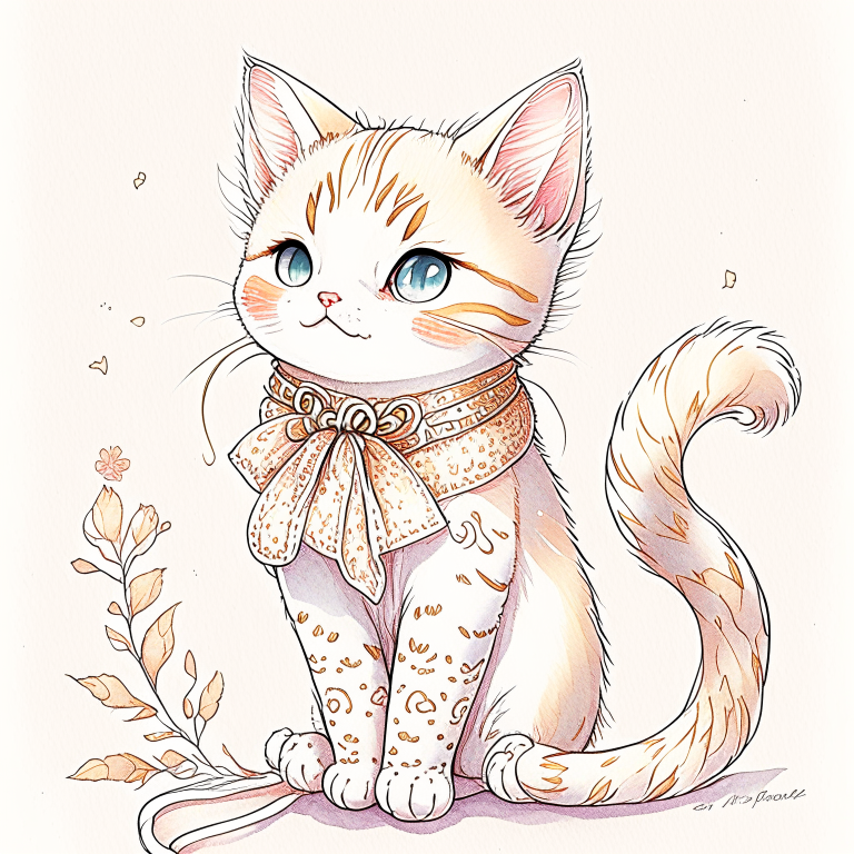 cute kitten, neck ribbon, intricate detail, dreamlike, anime cat, super cute, soft lighting, intricate details, highly detailed, vintage design, cute and quirky, 60's art, watercolor effect, hand-drawn, soft lighting, retro aesthetic, focused on the character, white background. comic book cover, mecha