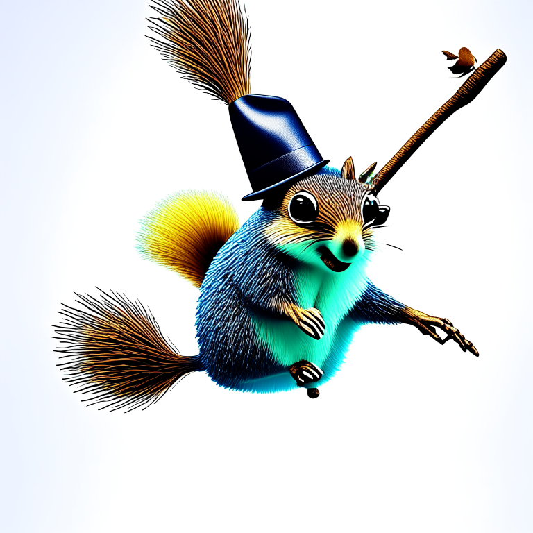 A daring squirrel wearing a witch hat and VR glasses zooms through the air on a broomstick, its eyes twinkling with excitement. realism. pretty