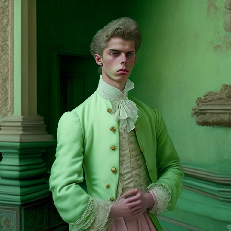  young man dressed in pastel green fine clothes of the 18th century, he is a bad person, hi is in a castle