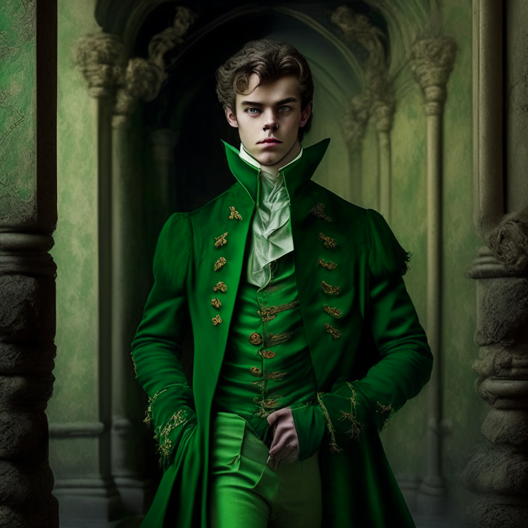 young man dressed in green fine clothes of the 18th century, he is a villian, hi is in a castle