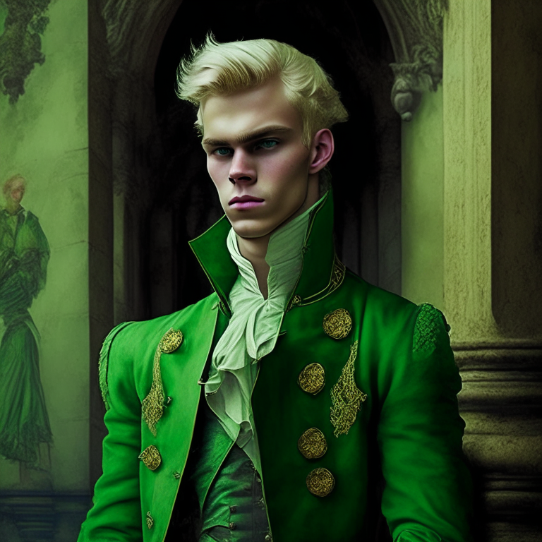  young man dressed in green fine clothes of the 18th century, he is a villian, hi is in a castle, he is blonde