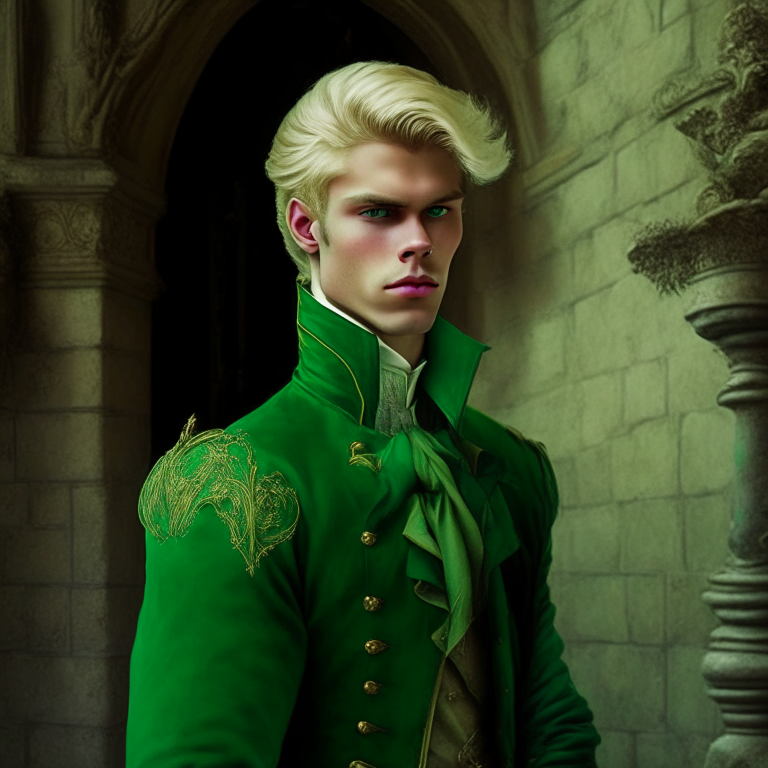  young man dressed in green fine clothes of the 18th century, he is a villian, hi is in a castle, he is blonde