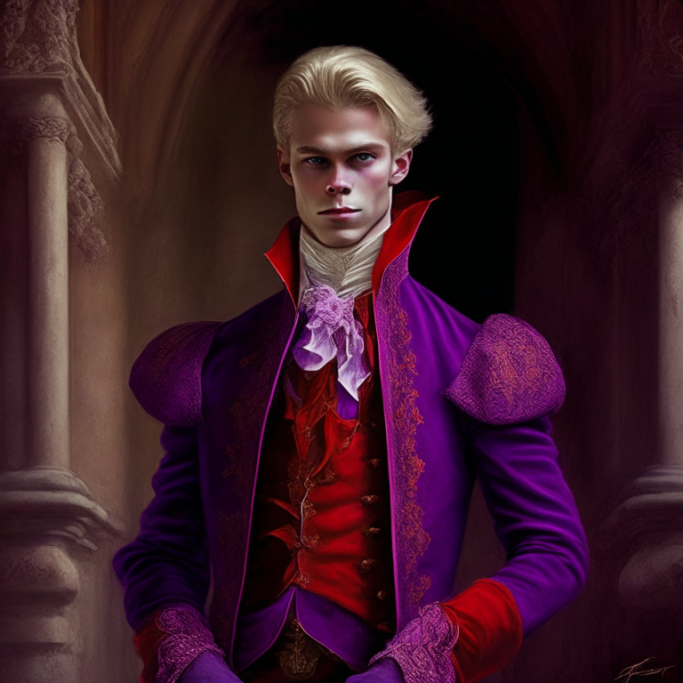  young man dressed in red and purple fine clothes of the 18th century, he is a villian, hi is in a castle, he is blonde