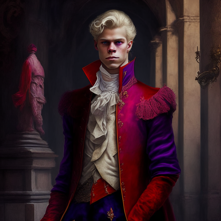  young man dressed in red and purple fine clothes of the 18th century, he is a villian, hi is in a castle, he is blonde