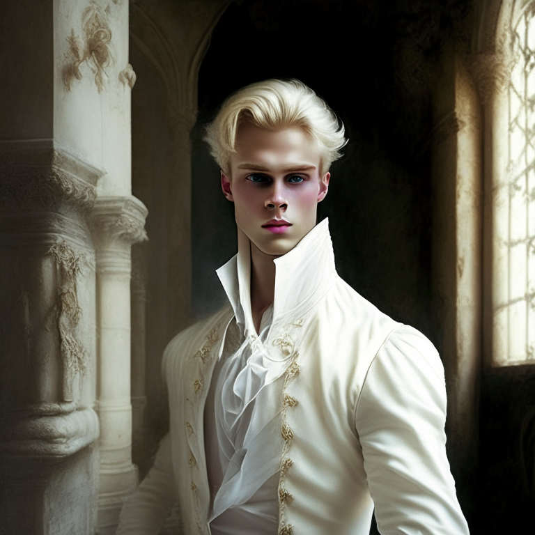  young man dressed in white fine clothes of the 18th century, he is a villian, hi is in a castle, he is blonde