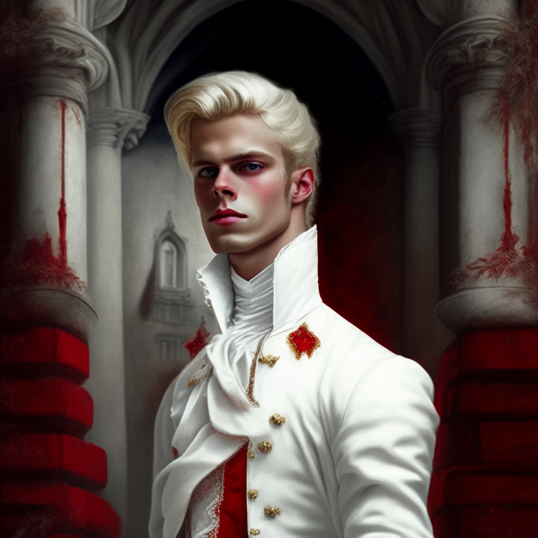  young man dressed in white and red fine clothes of the 18th century, he is a villian, hi is in a castle, he is blonde
