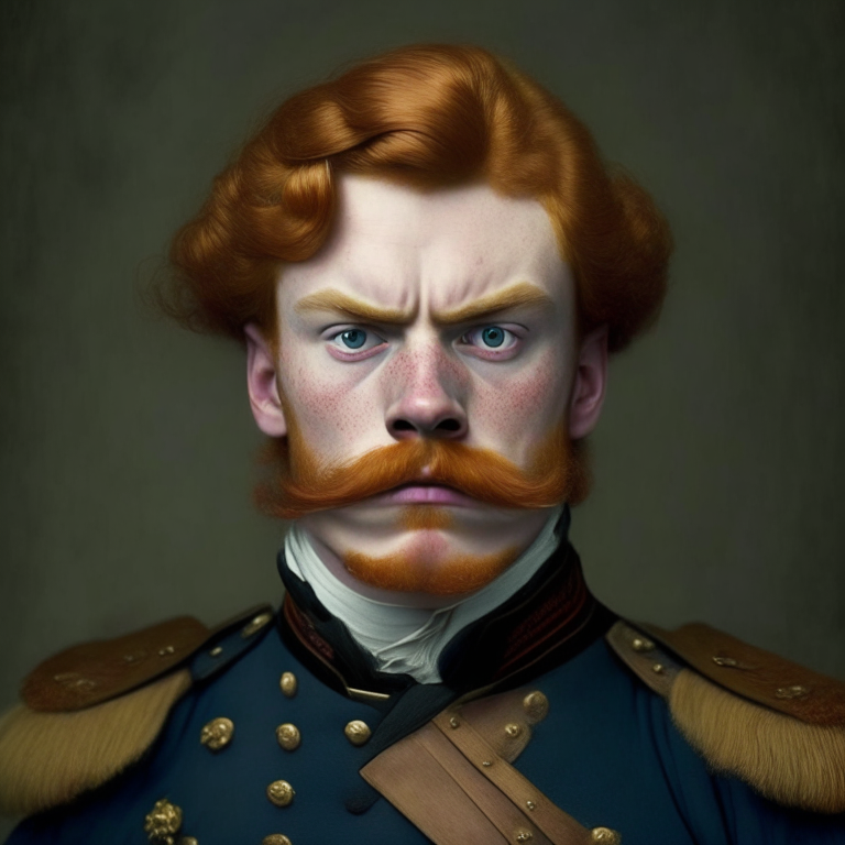 young man dressed in captain uniform of the 18th century, he looks angry, he has ginger hair and a mustache