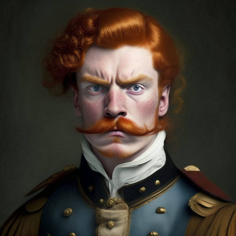 young man dressed in captain uniform of the 18th century, he looks angry, he has ginger hair and a mustache