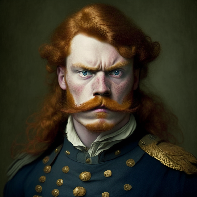 young man dressed in captain uniform of the 18th century, he looks angry, he has long ginger hair and a mustache