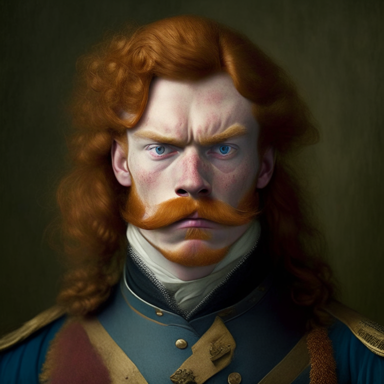 young man dressed in captain uniform of the 18th century, he looks angry, he has long ginger hair and a mustache