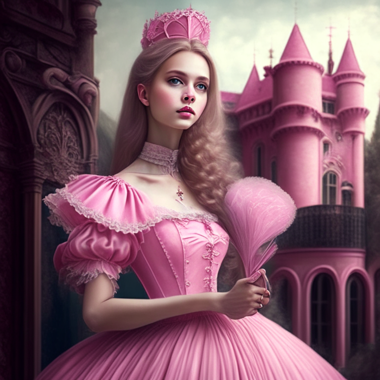 A beautiful young woman, she looks with superiority with a fan in her hand, she wears a pink lolita style dress, she is in a castle