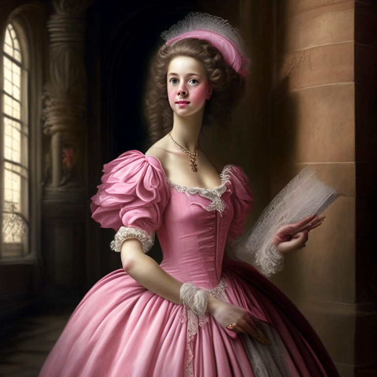 A beautiful young woman, she looks with superiority with a fan in her hand, she wears a pink 18th century dress, she is in a castle