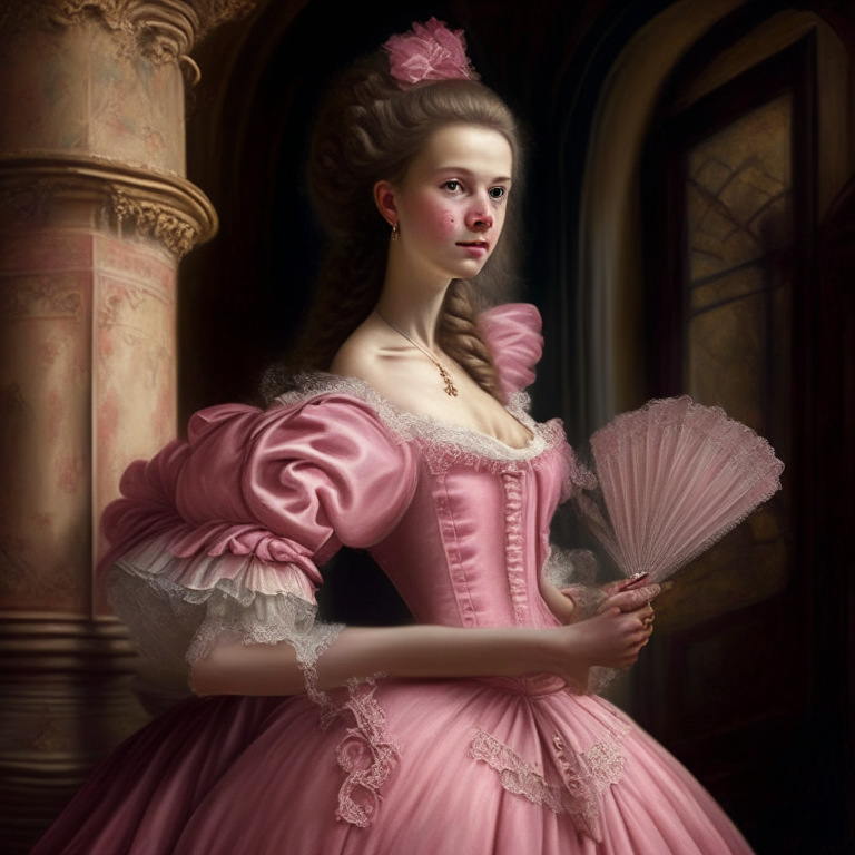 A beautiful young woman, she looks with superiority with a fan in her hand, she wears a pink 18th century dress, she is in a castle