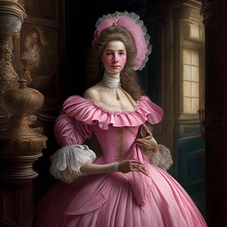 A beautiful young woman, she looks with superiority with a fan in her hand, she wears a pink 18th century dress, she is in a castle