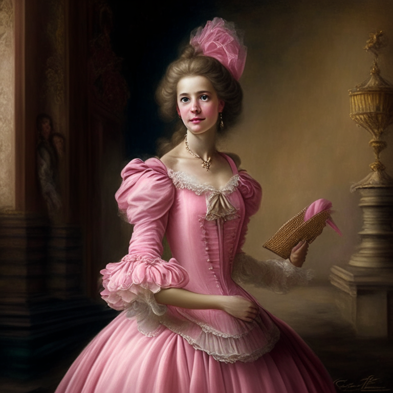 A beautiful young woman, she looks with superiority with a fan in her hand, she wears a pink 18th century dress, she is in a castle