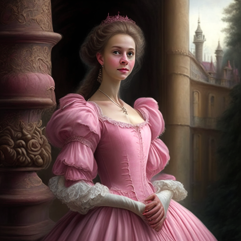 A beautiful young woman, she looks with superiority, she wears a pink 18th century dress, she is in a castle