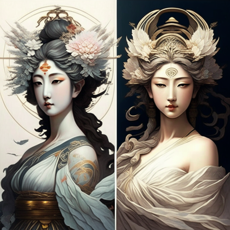 combination between a greek goddess and japanese goddess