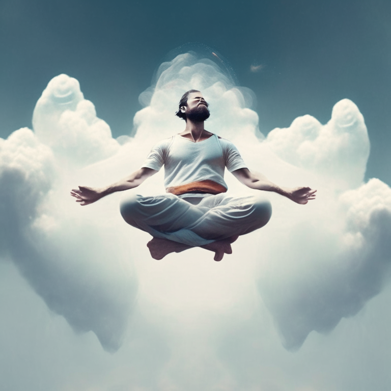 A stoic person floating in the air meditating
