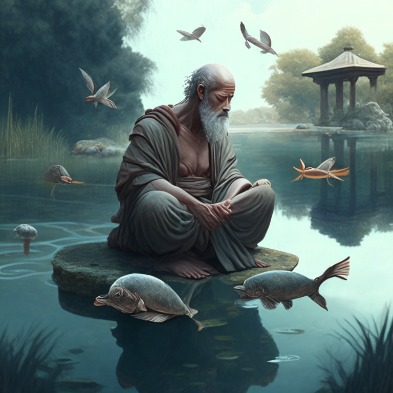 stoic philosopher meditating and preparing himself in front of a calm serine pond with fish, to face his evil opponent