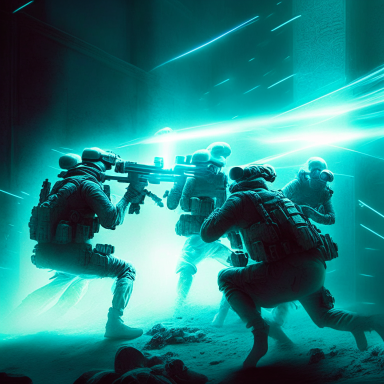 A group of soldiers shooting lasers at ghosts in 2035