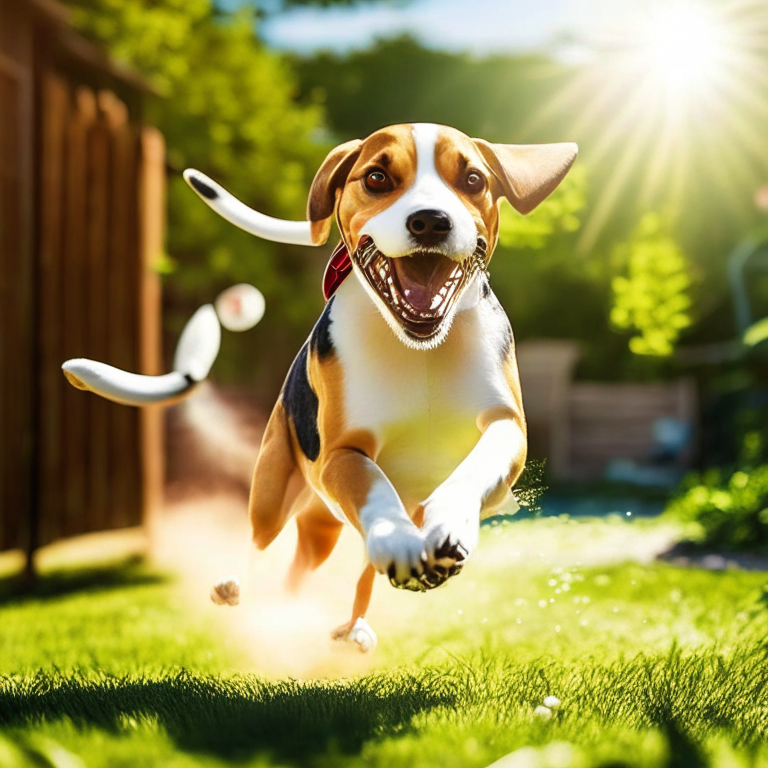 a happy beagle named Buddy playing fetch in a backyard on a sunny day