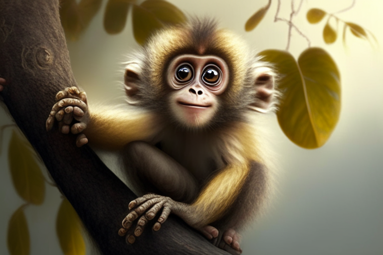 A curious monkey with big eyes and fluffy fur sitting on a tree branch, reaching out to grab a banana, realistic Chimpy the monkey