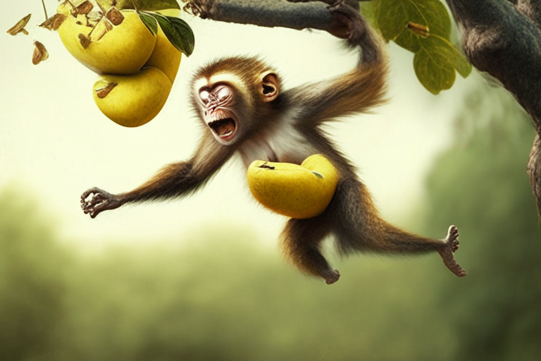 Chimpy the monkey jumping up to grab a mango from a tree branch, realistic A monkey mid-jump, reaching up towards a mango in a tree, sharp focus