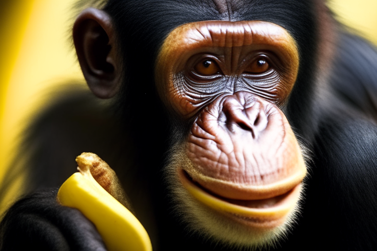 a chimpanzee eating a banana, close up face, sharp focus, shallow depth of field