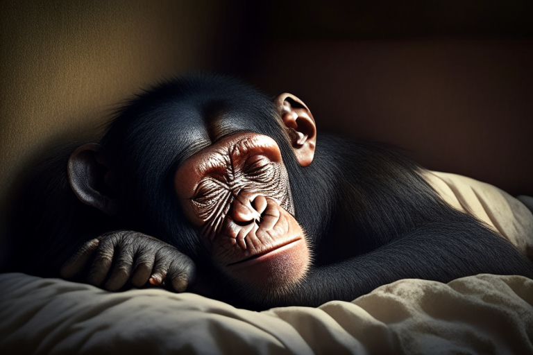 a chimpanzee sleeping in a bed, eyes closed, relaxed expression, soft lighting