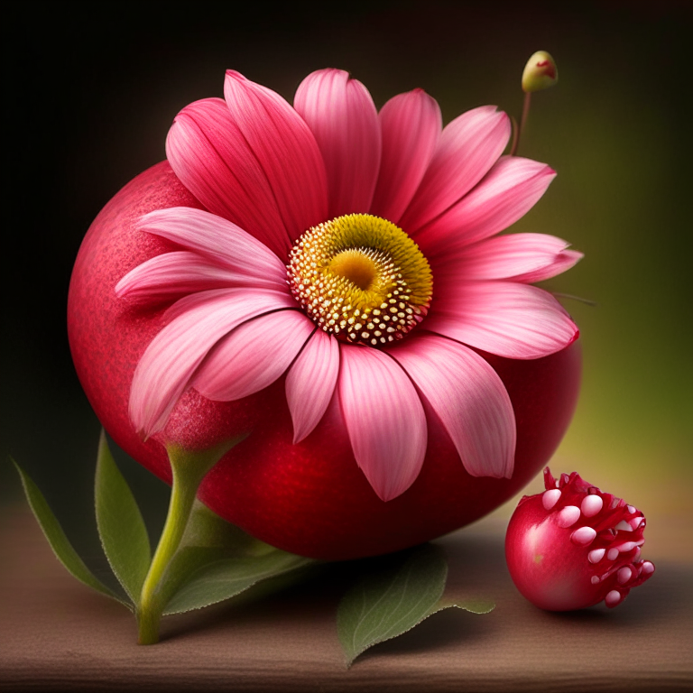 photorealistic red apple with pink daisies