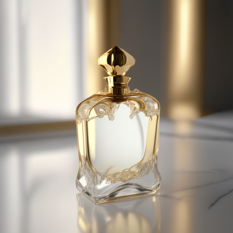 an elegant glass perfume bottle with gold accents, on a marble surface, studio lighting