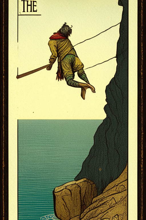 The Fool tarot card with a person about to step off a cliff into the unknown