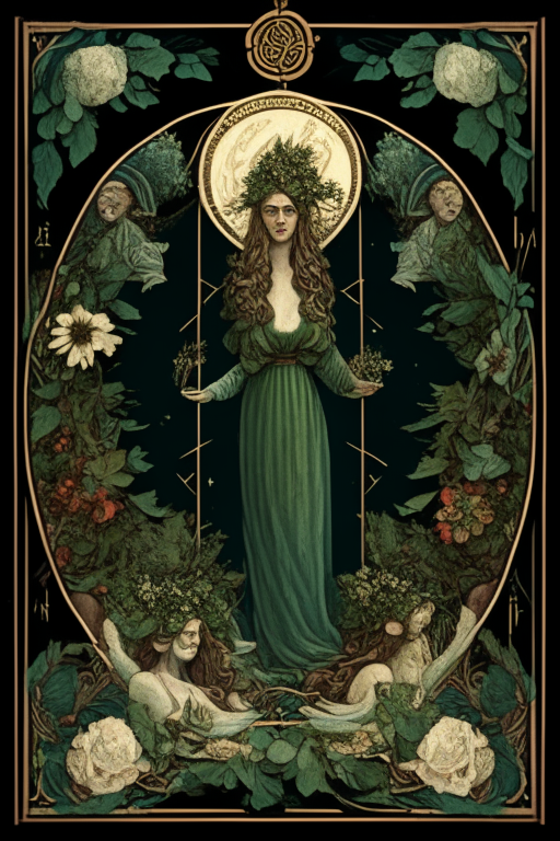 The World tarot card with a woman surrounded by wreath and four figures in each corner